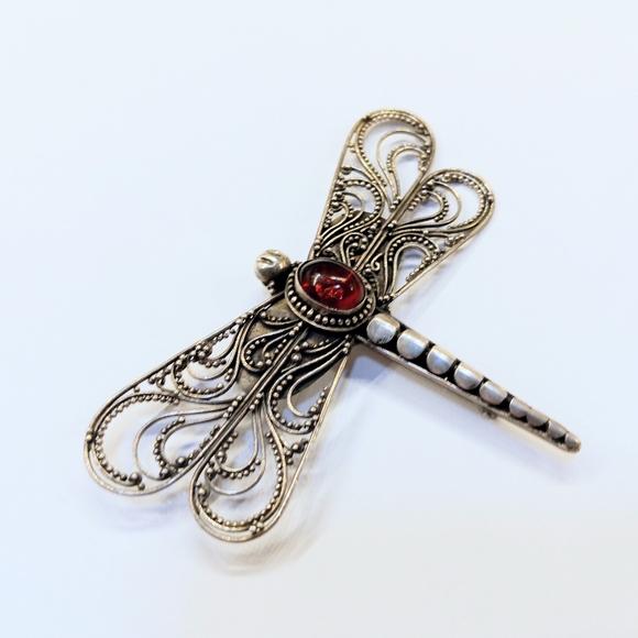 Large Sterling Silver Beaded Amber Dragonfly Brooch Vintage - Picture 3 of 5